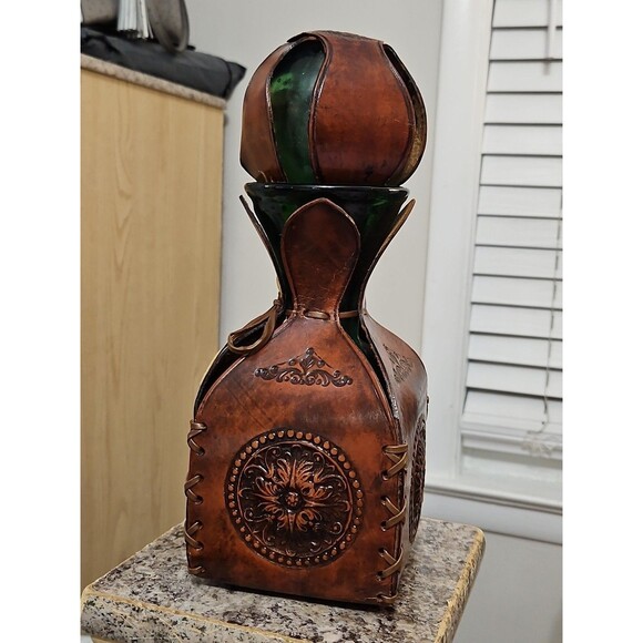 Vintage Embossed Leather Wrapped over Green Glass Decanter With Cork Stopper - Picture 2 of 11
